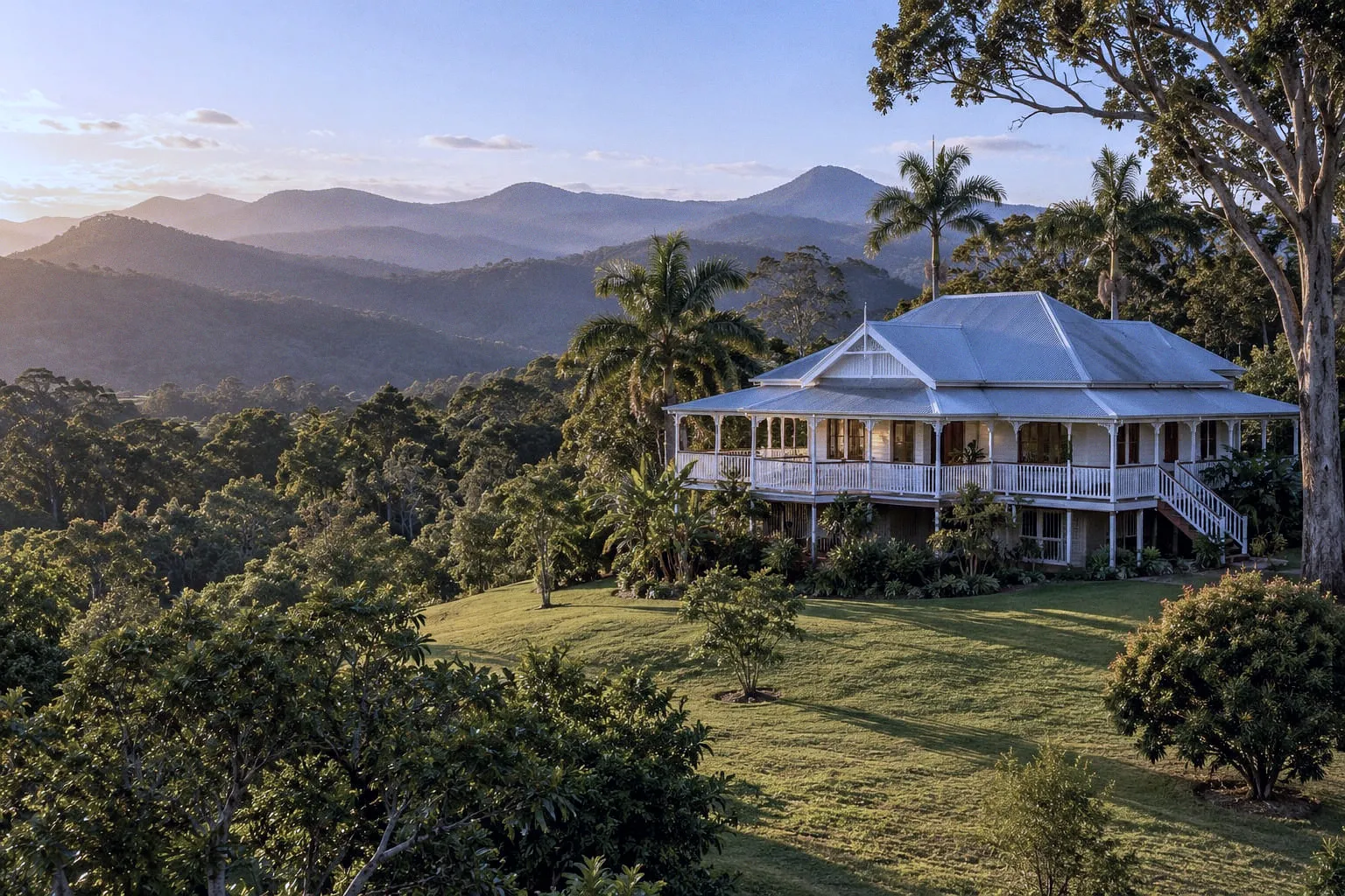 The Grange Farmstay, a white verandahed homestead on a hilltop among palms and gums at sunset