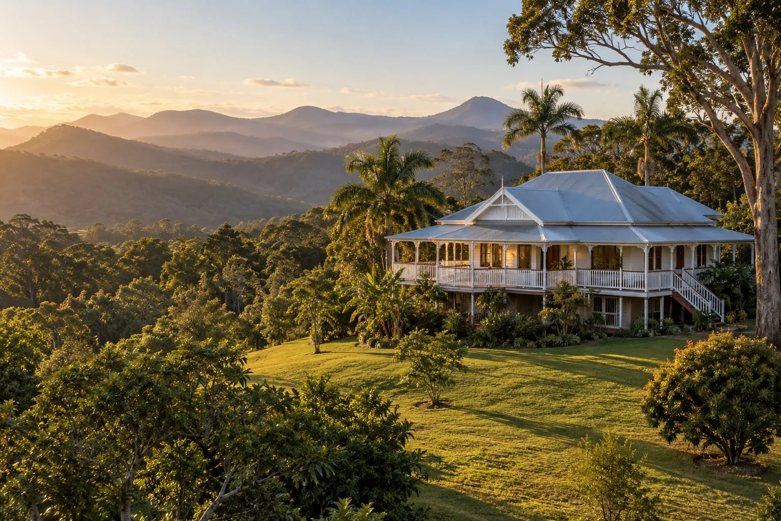 The Grange Farmstay, a white verandahed homestead on a hilltop among palms and gums at sunset