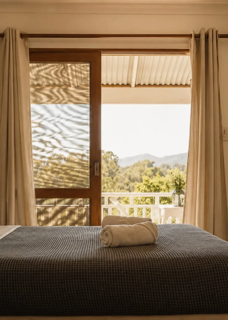Room 2, looking through the balcony doors to the mountains