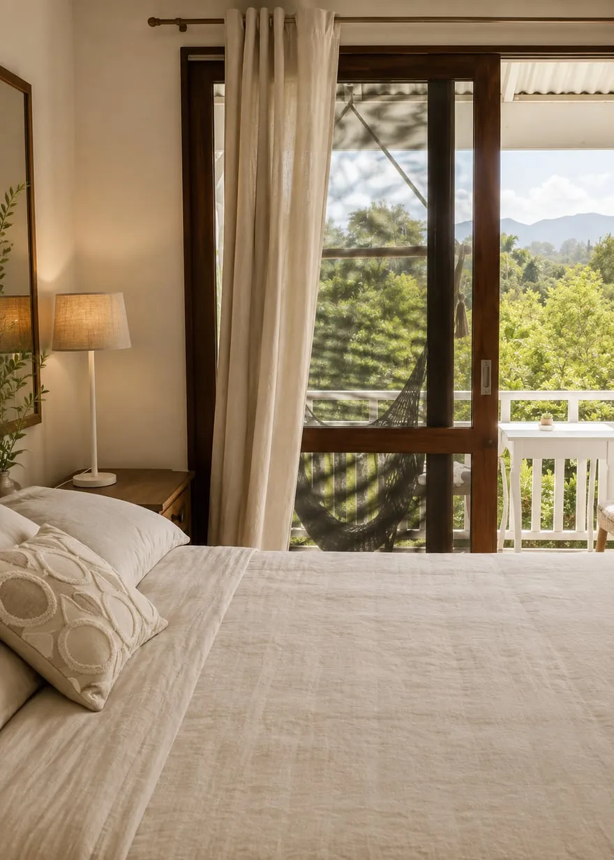 Room 6, bedside lamp beside doors opening to the garden
