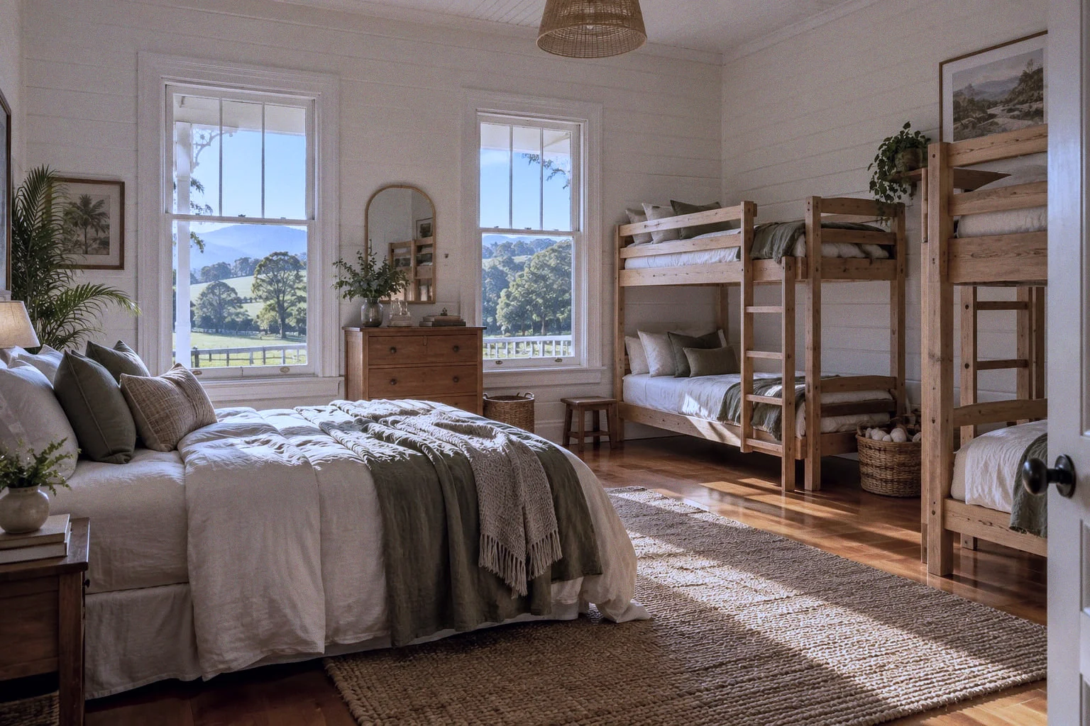 A queen bed and two sets of timber bunks in a sunlit room with windows over the paddocks