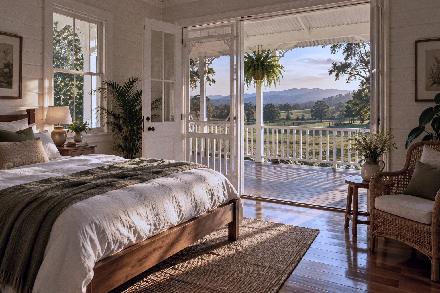 A timber double bed beside a screen door open to the verandah and the hills beyond