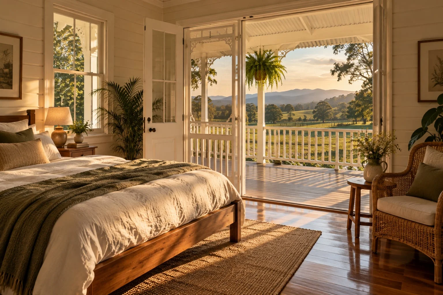 A timber double bed beside a screen door open to the verandah and the hills beyond